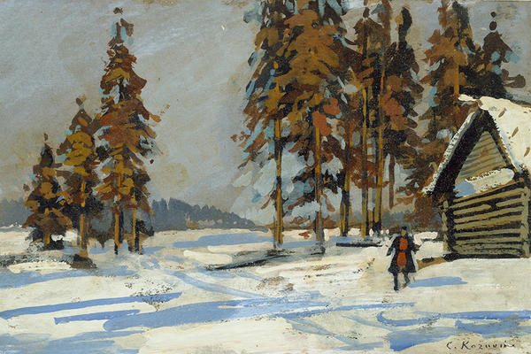 Winter landscape with a cabin covered in snow and fir trees by Korovin