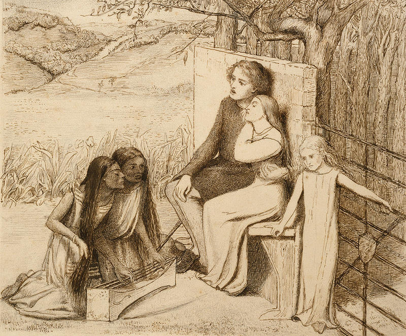 Lovers Listening to Music, Elizabeth Siddal, pen & brown ink on paper, 1854 Pen and brown ink drawing of two lovers sat on a bench with rolling hills behind, listening to music with three friends gathered round by Pre-Raphaelite artist Elizabeth Siddal